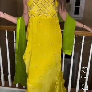 Vibrant Yellow and Green Embellished Indian Dress